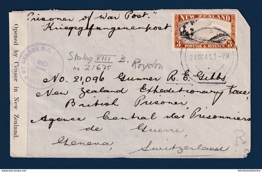 Nouvelle Zélande - Prisonnier de Guerre en recommandé - pour la Suisse - Censure - Kriegsgefangenenpost - 1941