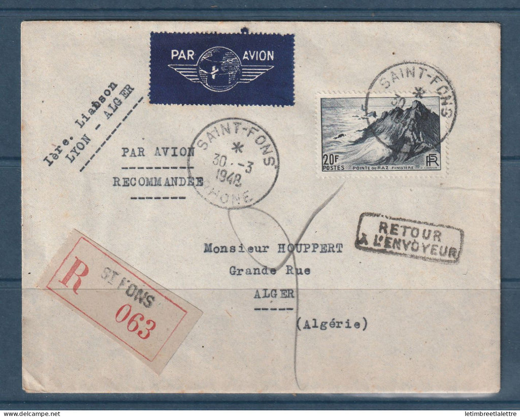 France - YT n° 764 - Première liaison aérienne Lyon Alger par  avion de Saint Fons ( Rhône ) - 1948