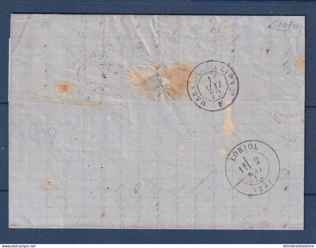 France - YT n° 35 en bande 5 - sur lettre de Marseille du 1 Mai 1872 - Certificat Roumet - Signé