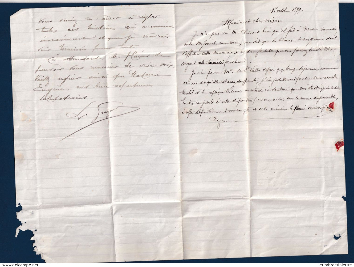 France - lettre avec Type Sage oblitéré OR ( Origine Rurale ) - Nièvre - voir texte - 1894