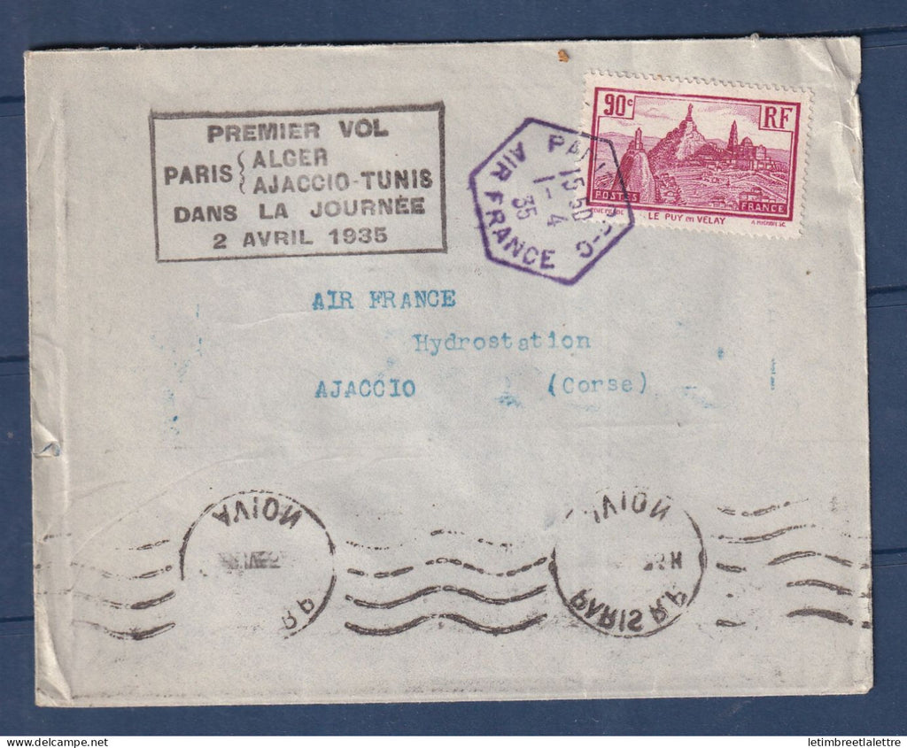 France - Premier vol Air France - YT n° 290 - Paris Alger Ajaccio Tunis dans la journée le 2 avril 1935