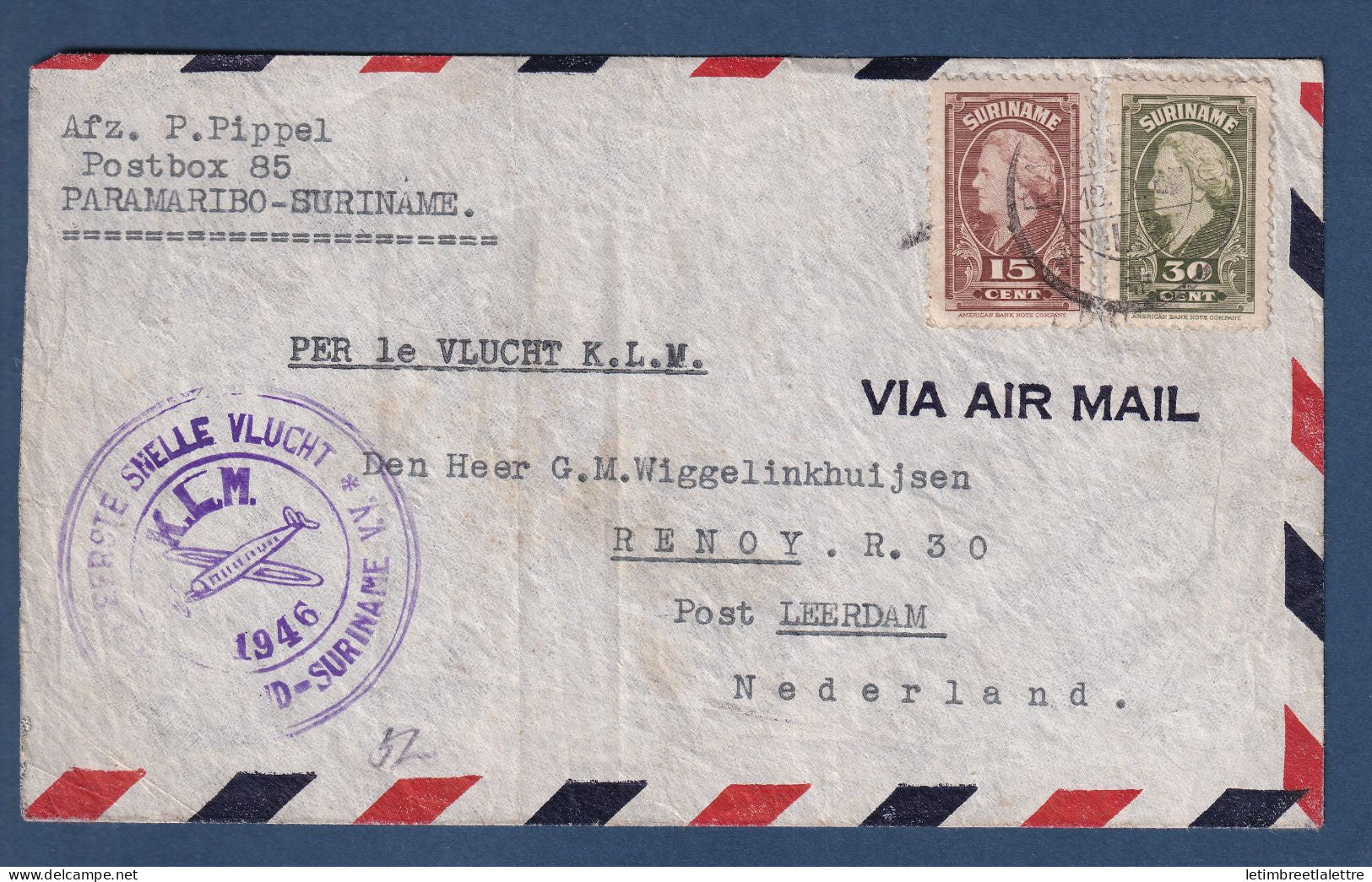 Surinam - 1er vol rapide Suriname ( Paramaribo ) Pays Bas ( Leerdam ) - 1946