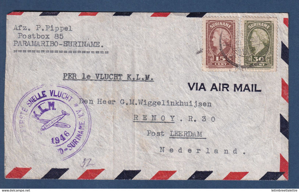 Surinam - 1er vol rapide Suriname ( Paramaribo ) Pays Bas ( Leerdam ) - 1946