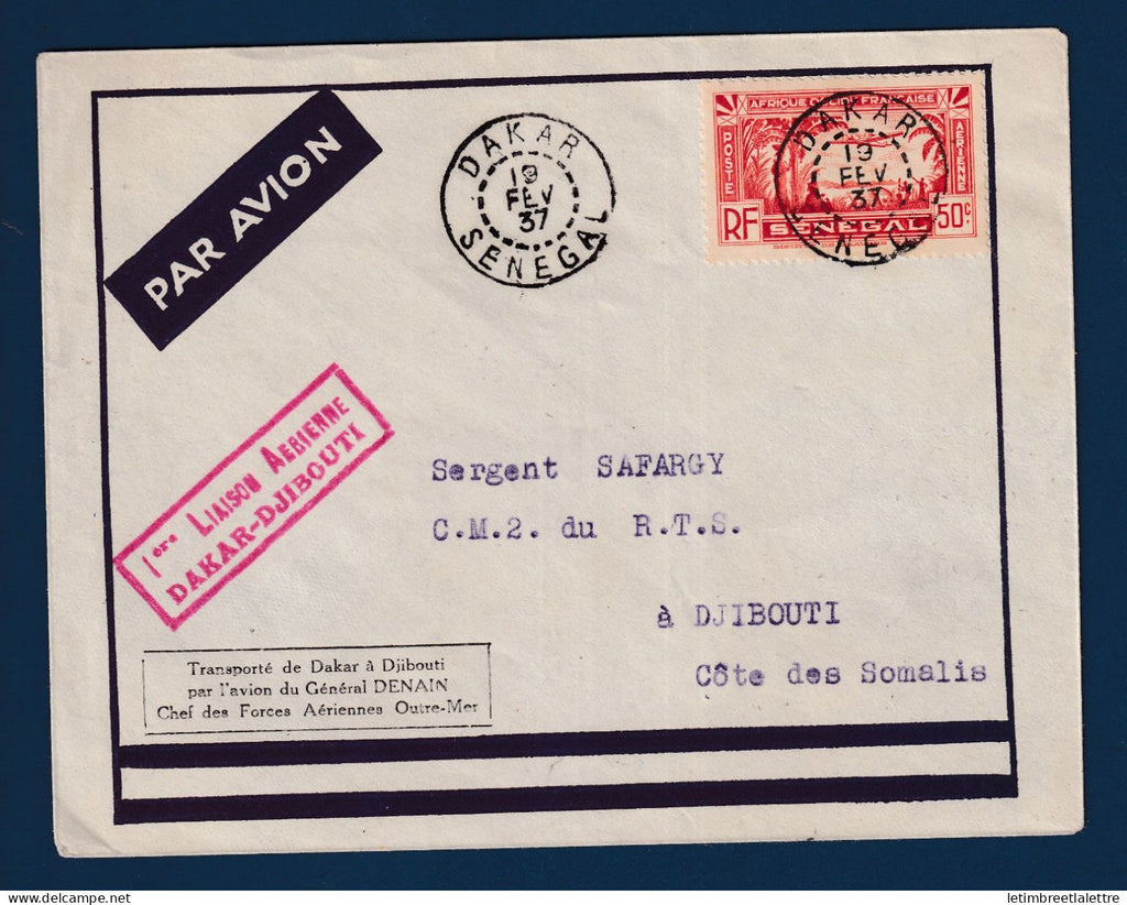 Sénégal - Par Avion - 1ère liaison aérienne Dakar Djibouti ( Côte des Somalis ) - 1937