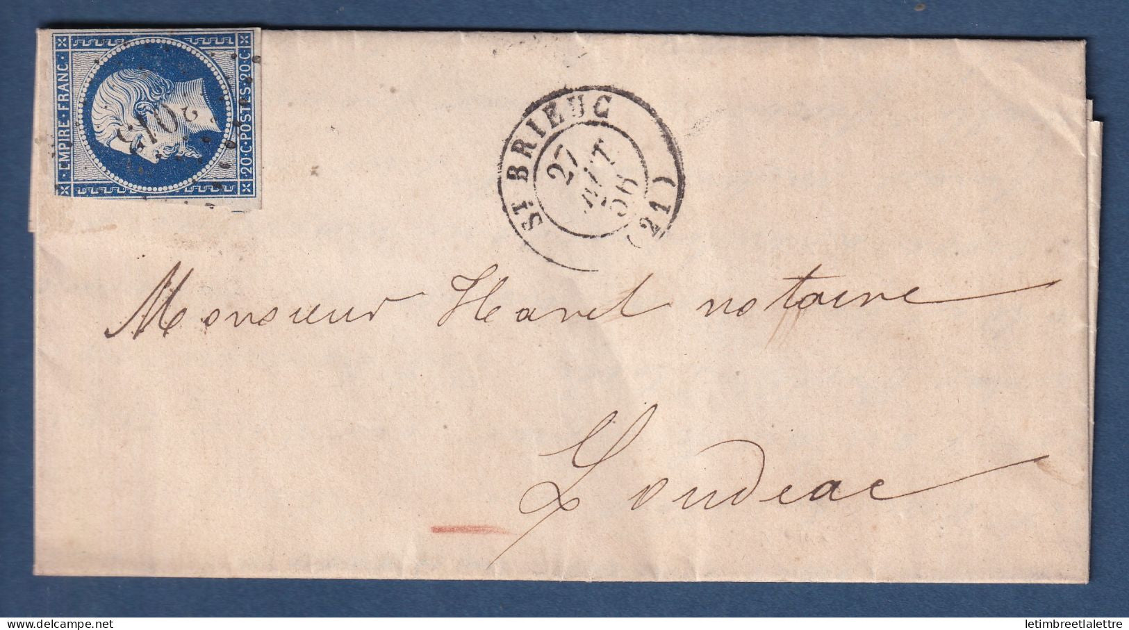 France - Enveloppe de Saint Brieuc - oblitéré Petit Chiffre PC 3013 - pour Loudéac - 1856