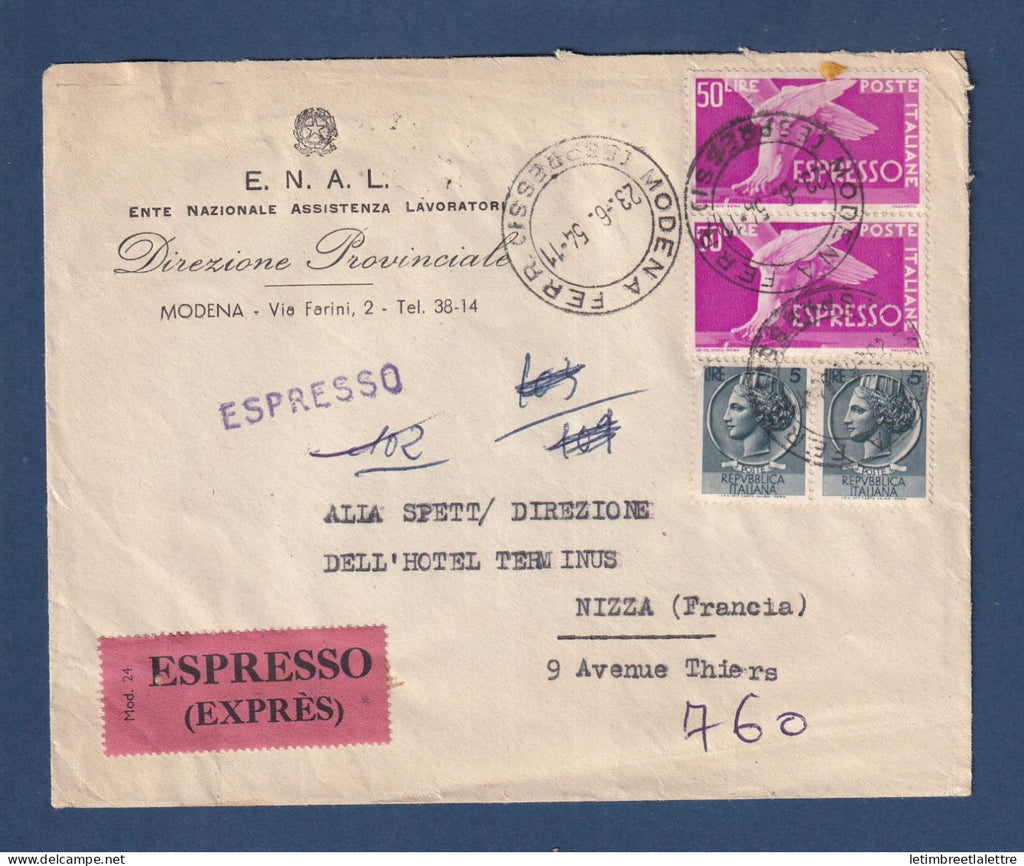 Italie - Cachet ferroviaire express ( Espresso ) Modène - pour Nice 1954
