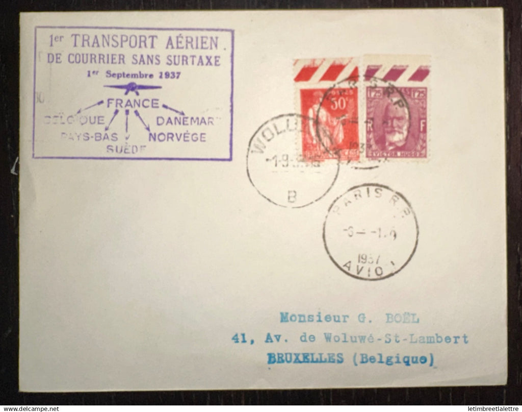 France - premier transport aérien de courrier sans surtaxe - 1 septembre 1937