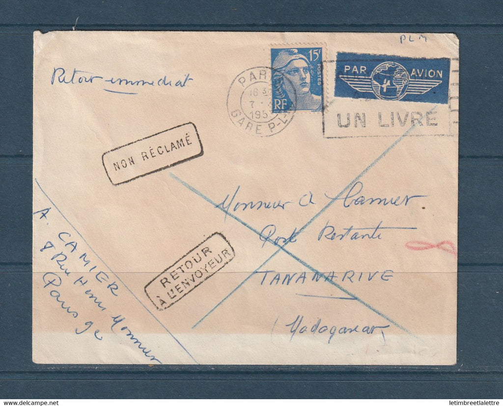 France - YT n° 886 seul sur lettre par avion pour Tananarive ( Madagascar ) - non réclamé et retour à l'envoyeur - 1953