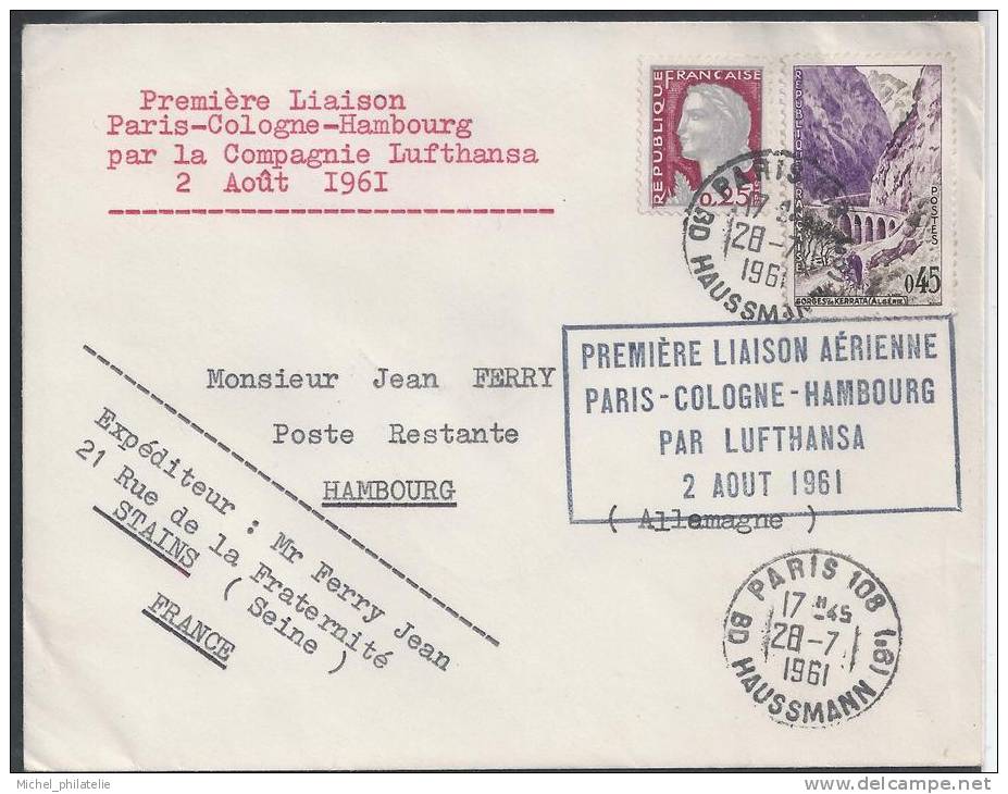 Premiere liaison Paris - Cologne - Hambourg par la Compagnie Lufthansa, 2 Aout 1961