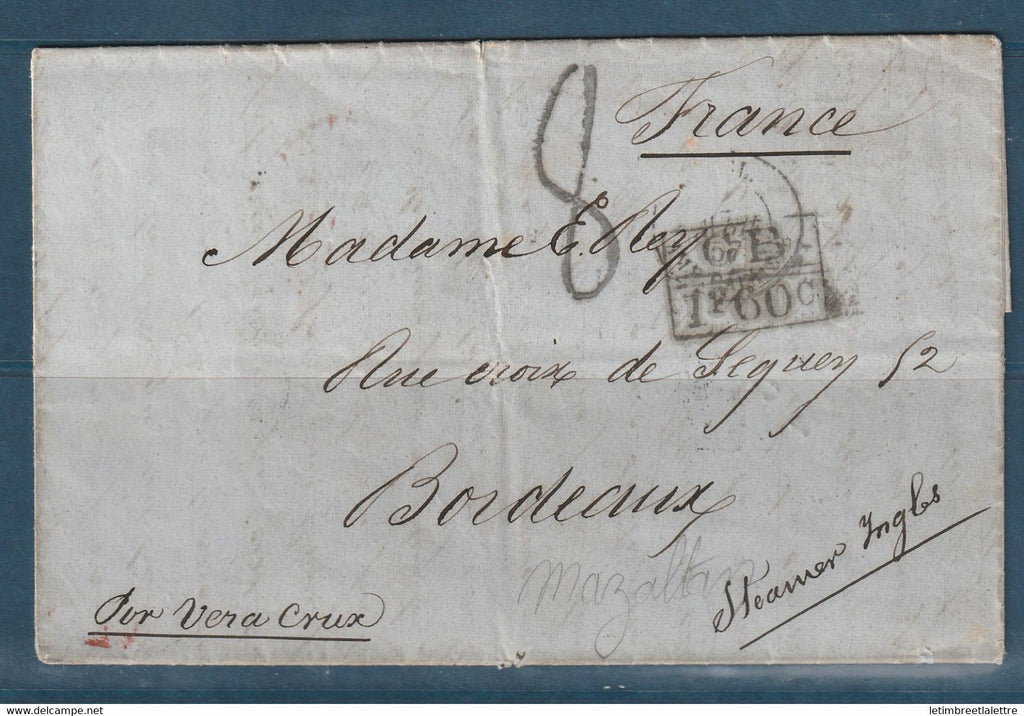 Mexique - Enveloppe de Mazaltan en 1857 avec marque d'échange pour Bordeaux