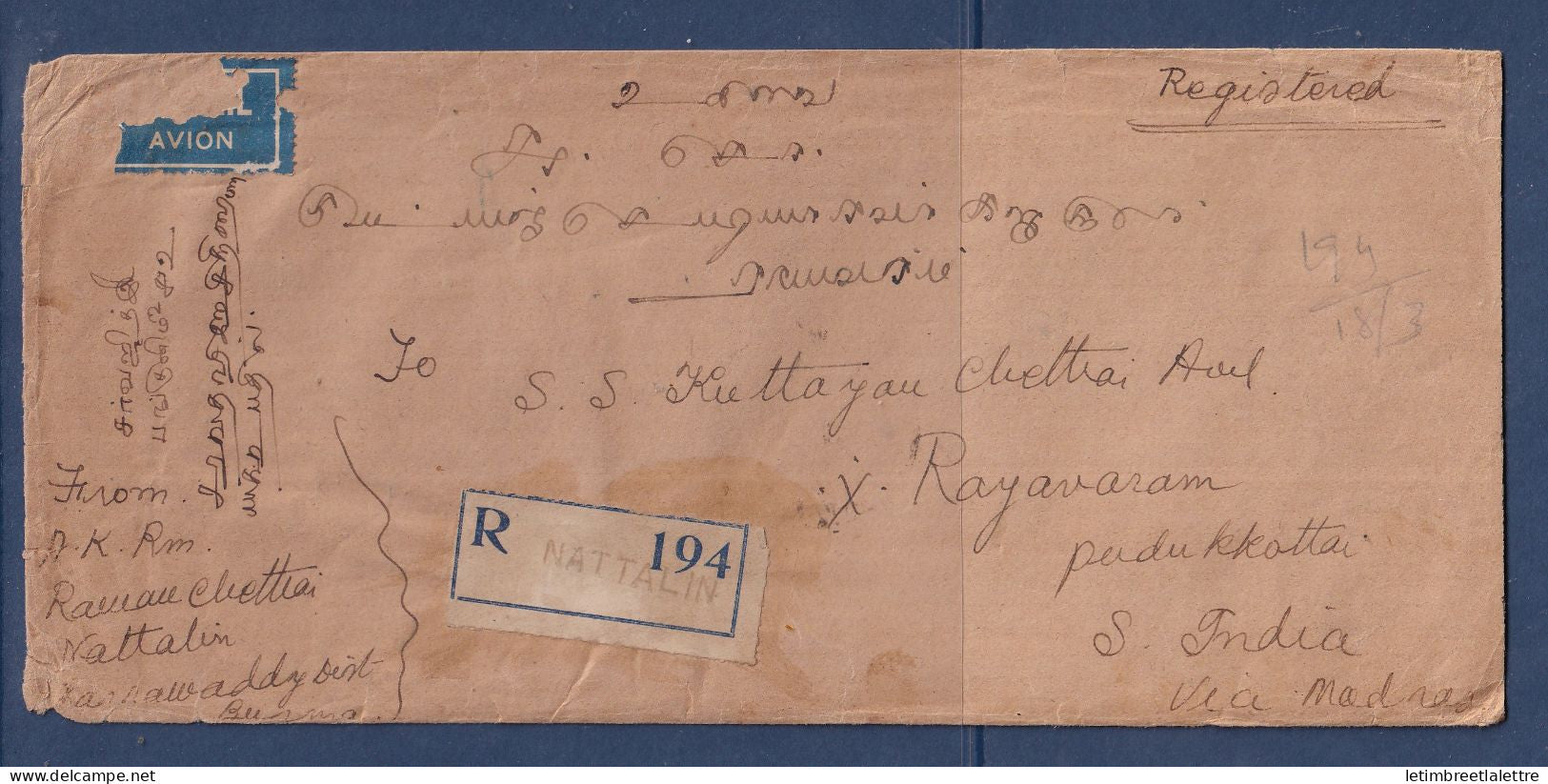 Myanmar - Birmanie - Burma - recommandé de Nattalin pour l'Inde via Madras - par avion - 1948