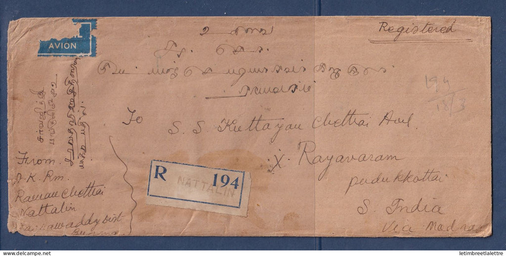 Myanmar - Birmanie - Burma - recommandé de Nattalin pour l'Inde via Madras - par avion - 1948