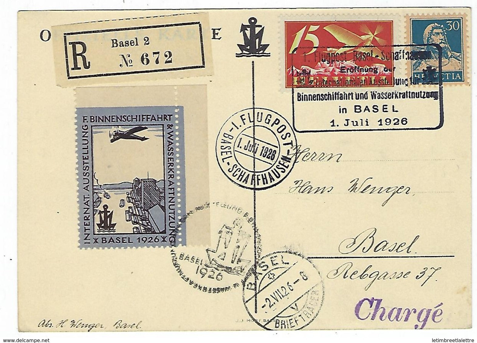 Carte de Suisse, Bâle - Schafhause, le 1 / 7 1926, chargé recommandé avec vignette