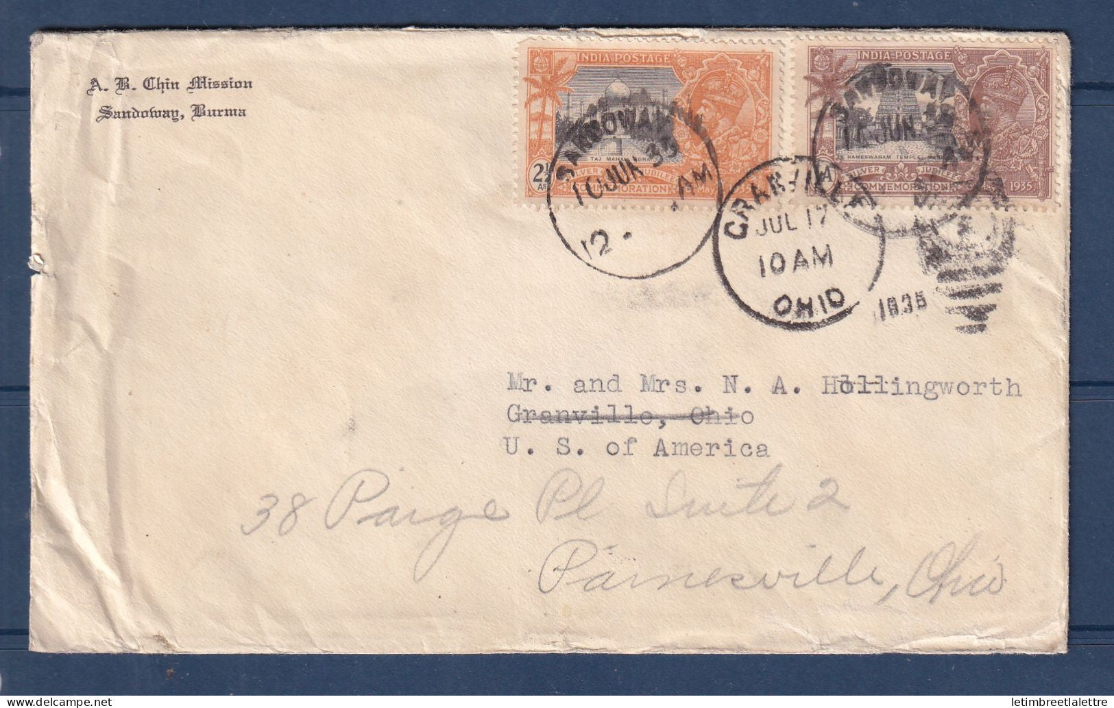 Birmanie - Burma - avec timbres d'Inde YT n° 138 et 140 - Sandoway Pour Granville ( Ohio ) - 1935