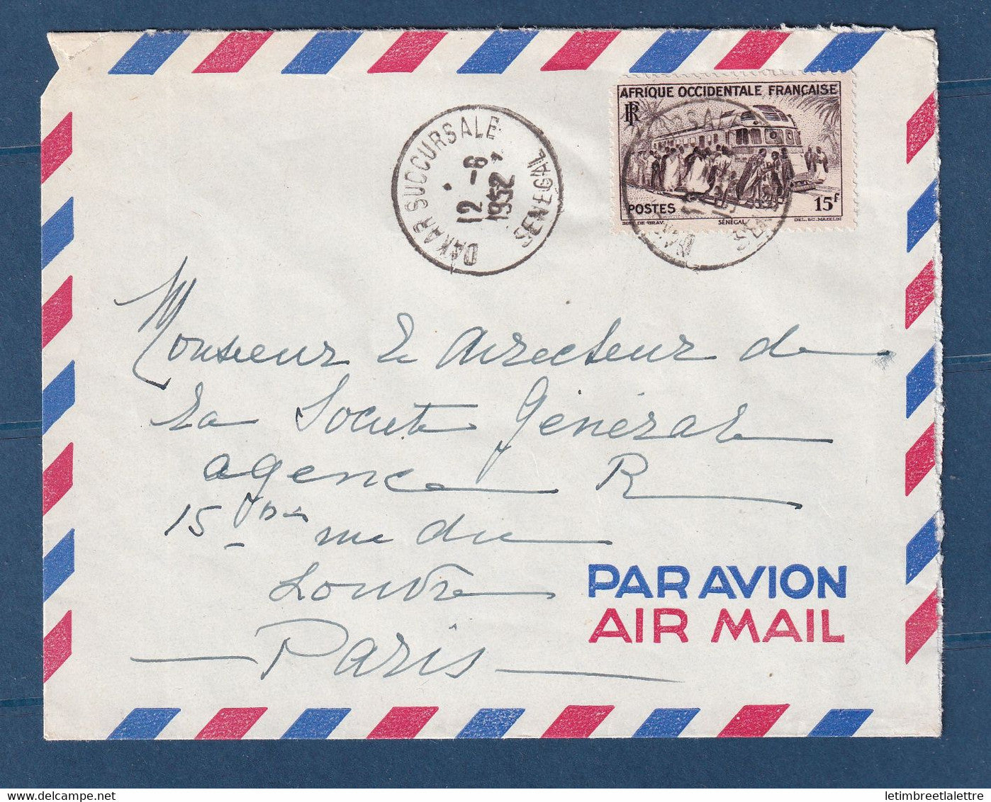⭐ Sénégal - lettre par avion avec cachet Dakar Succursale - affranchie à 15 fr - AOF YT n° 40 - 1952 ⭐