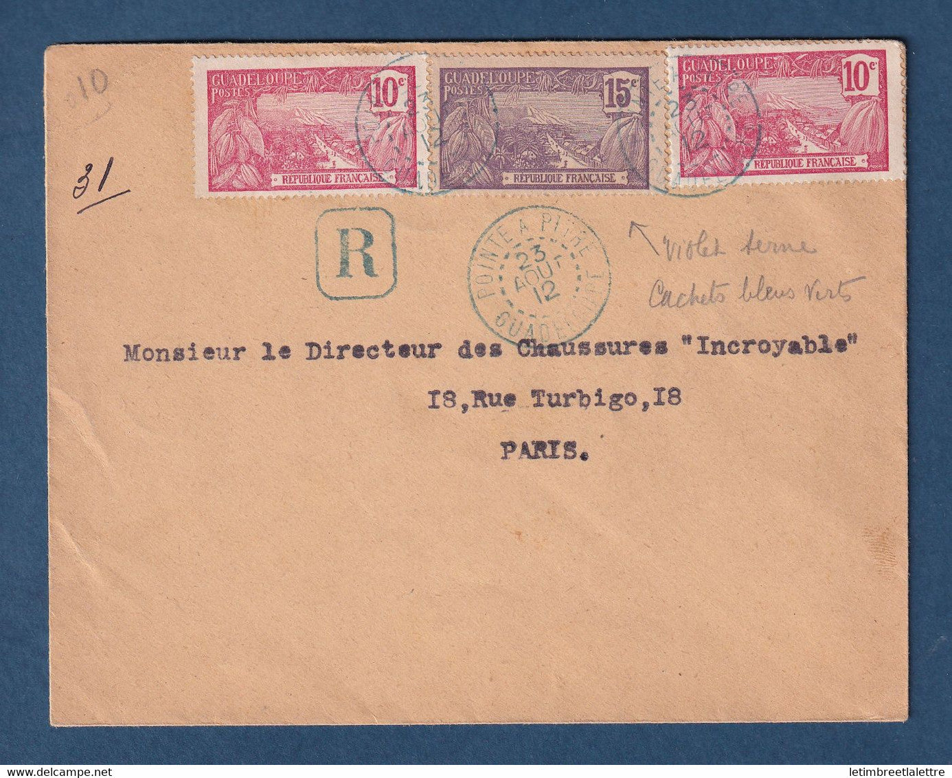 ⭐ Guadeloupe - recommandé de Pointe à Pitre affranchie à 35 centimes pour Paris avec cachet bleu vert - 1912 ⭐