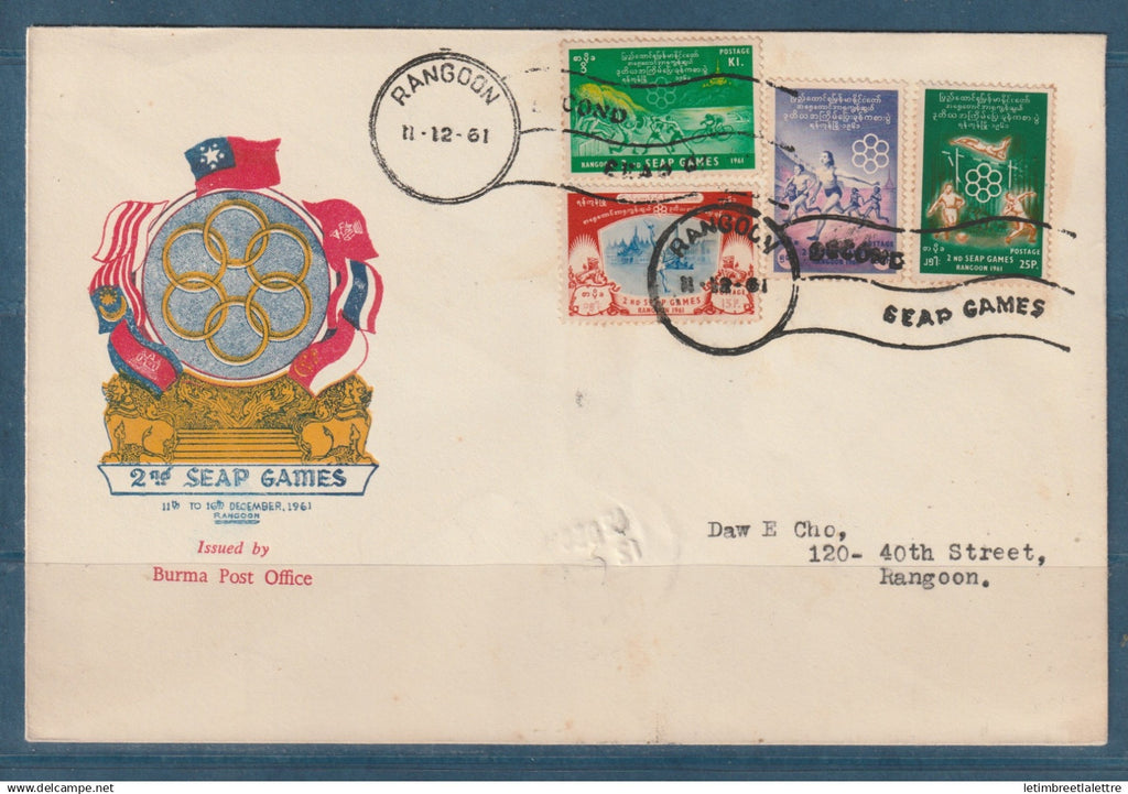 Myanmar - Birmanie - Burma - YT n° 82 à 85 - FDC premier jour document - 2ème jeux asiatiques - seap games - 1961