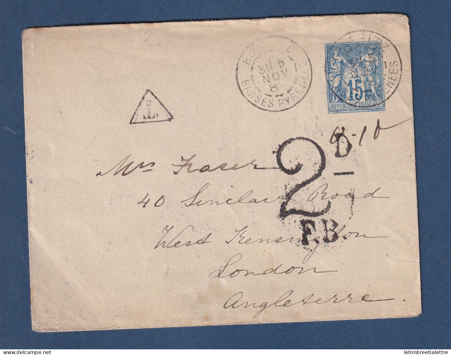 France - Type Sage - entier postal - pour l'Angleterre avec taxe tampon Anglais - Pour Londres - 1889