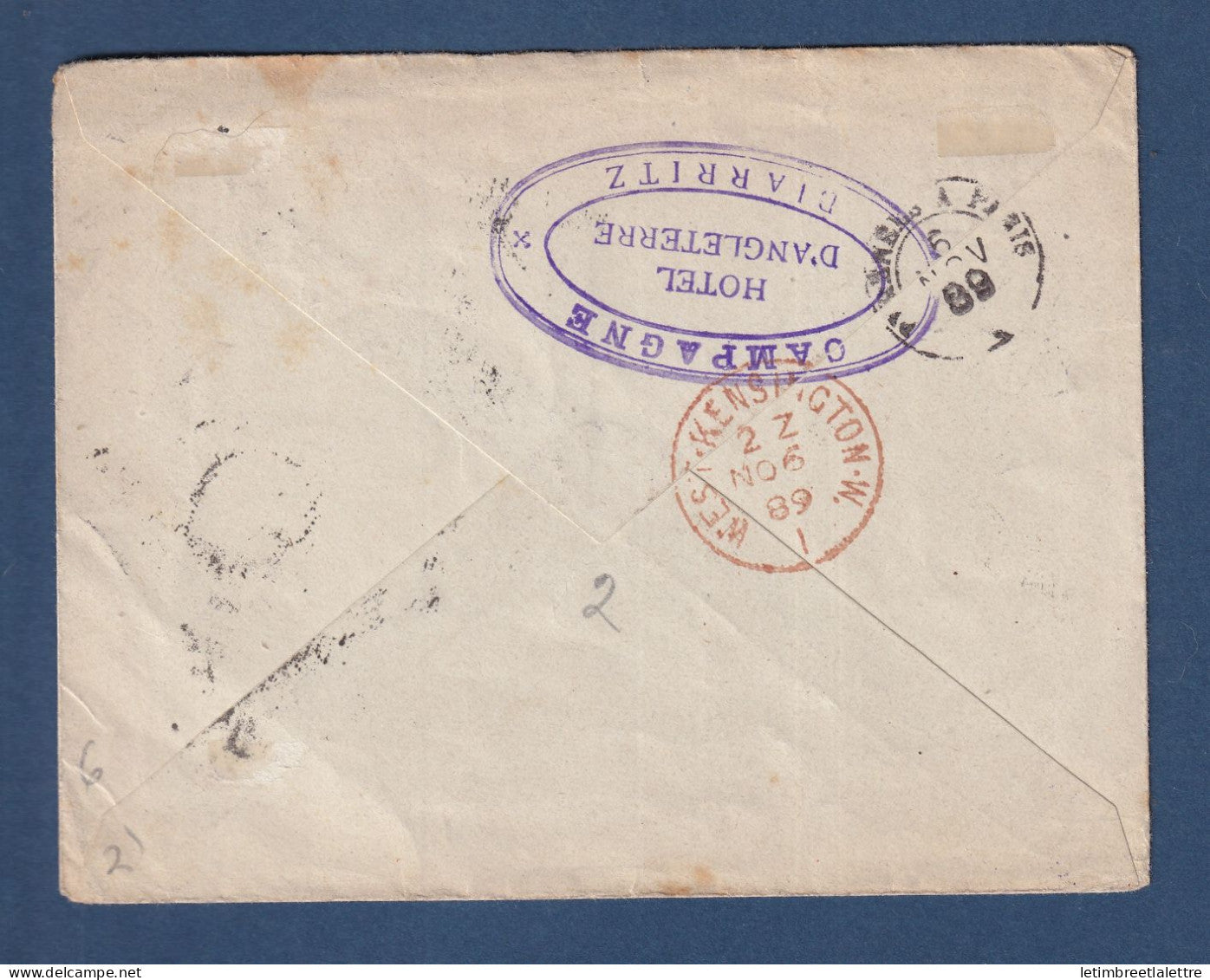 France - Type Sage - entier postal - pour l'Angleterre avec taxe tampon Anglais - Pour Londres - 1889