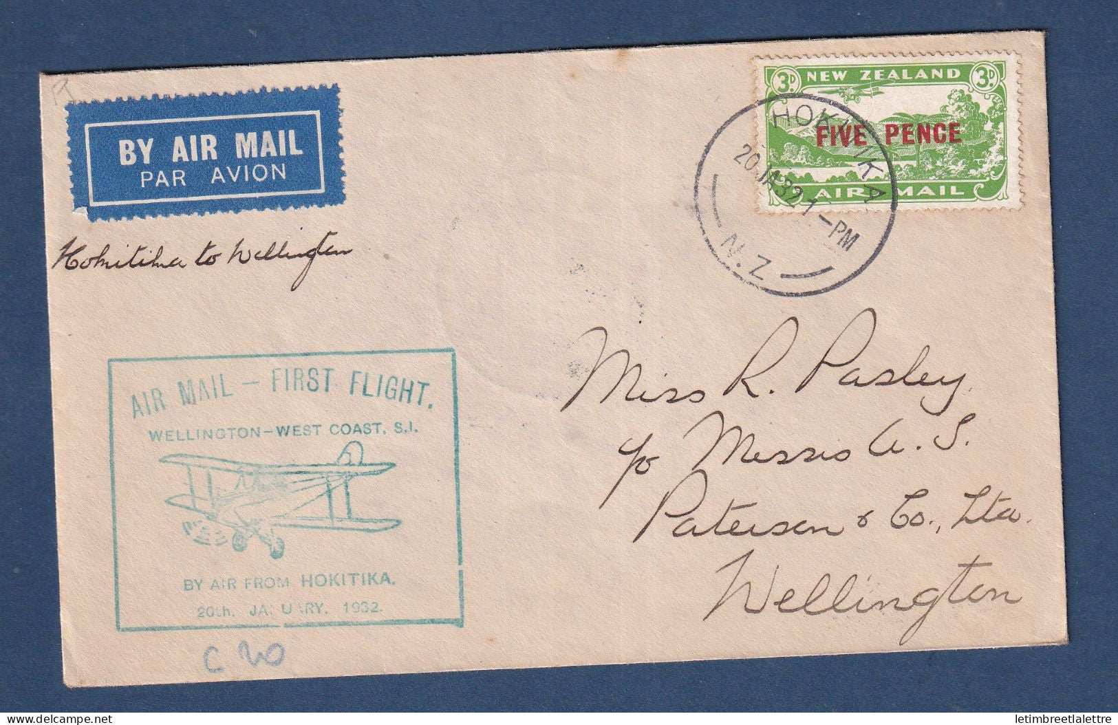 Nouvelle Zélande - Poste aérienne - Premier vol de Hokitika - Wellington West Coast - 1932