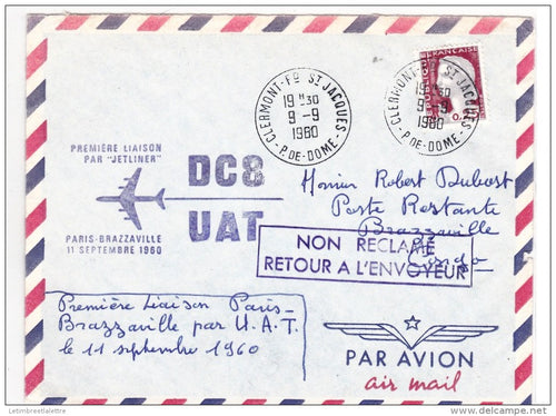 1er liaison paris - brazaville par UAT le 11.09.69 non reclamé retour a l'envoyeur