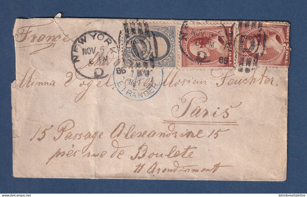 USA - enveloppe de New York pour Paris en 1886