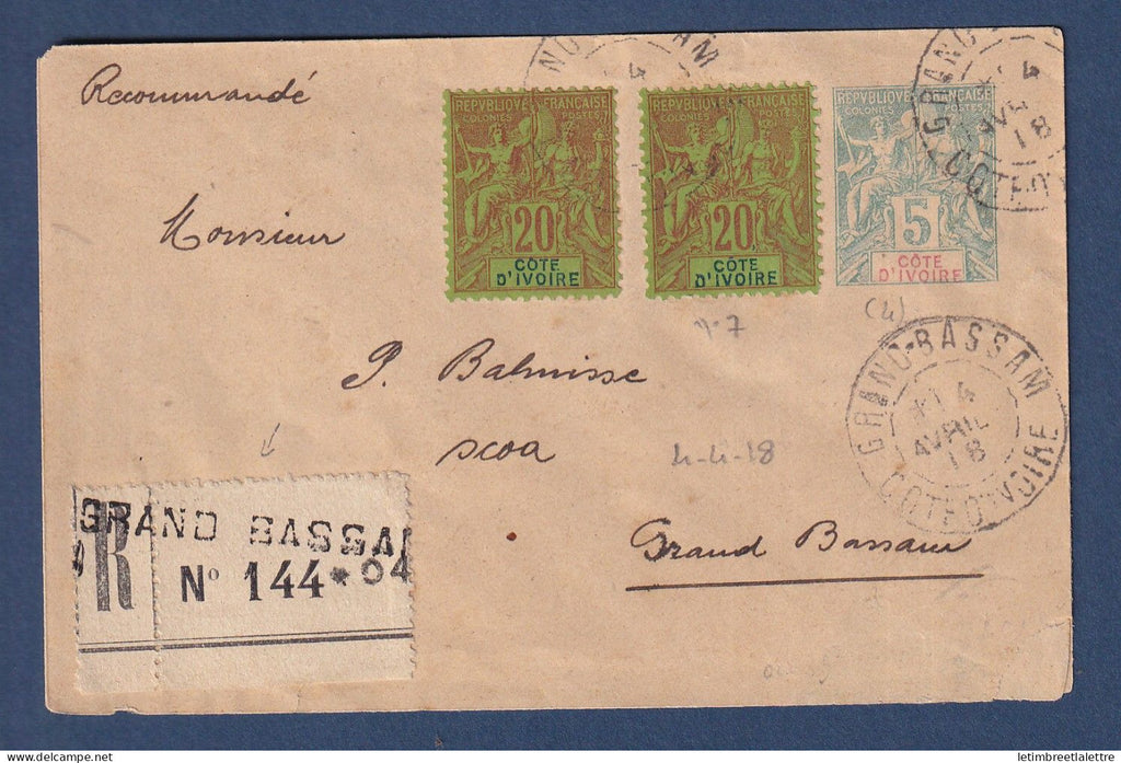 Côte d'ivoire - Entier postal en recommandé de Grand Bassam avec complément d'affranchissement - 1918