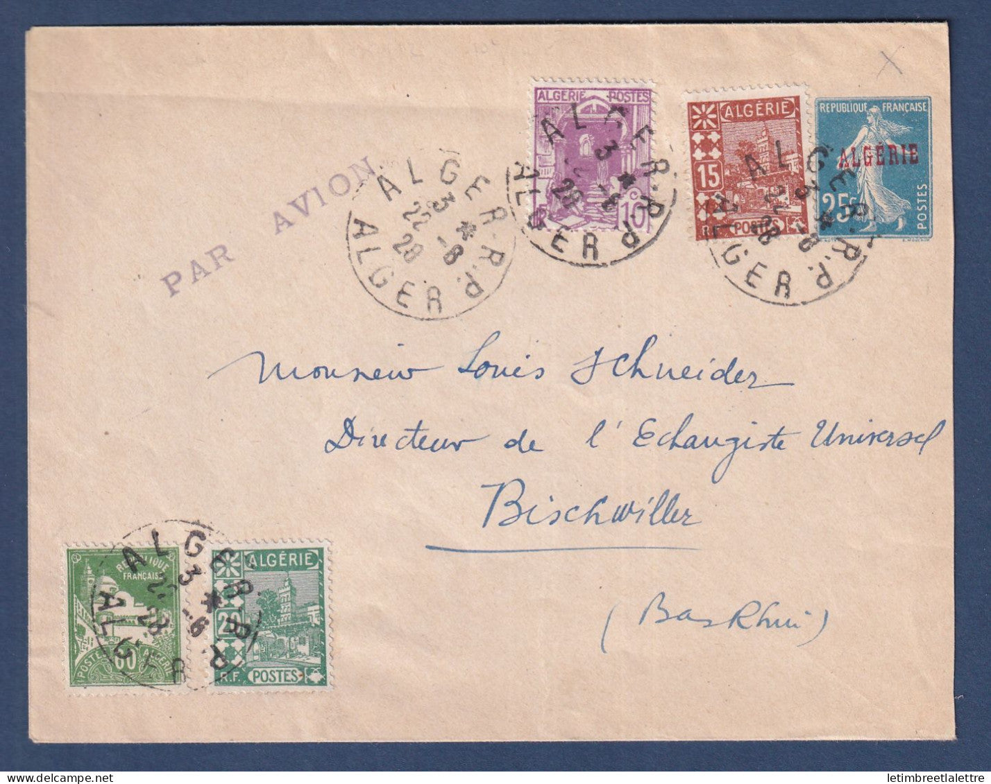 Algérie - entier postal - Par avion d'Alger à Bischwiller - 1928