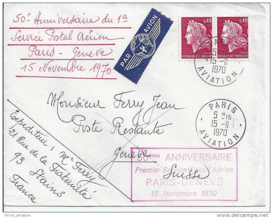 50eme anniverssaire du 1er Service postal aérien, Paris - Geneve, 15 Novembre 1970