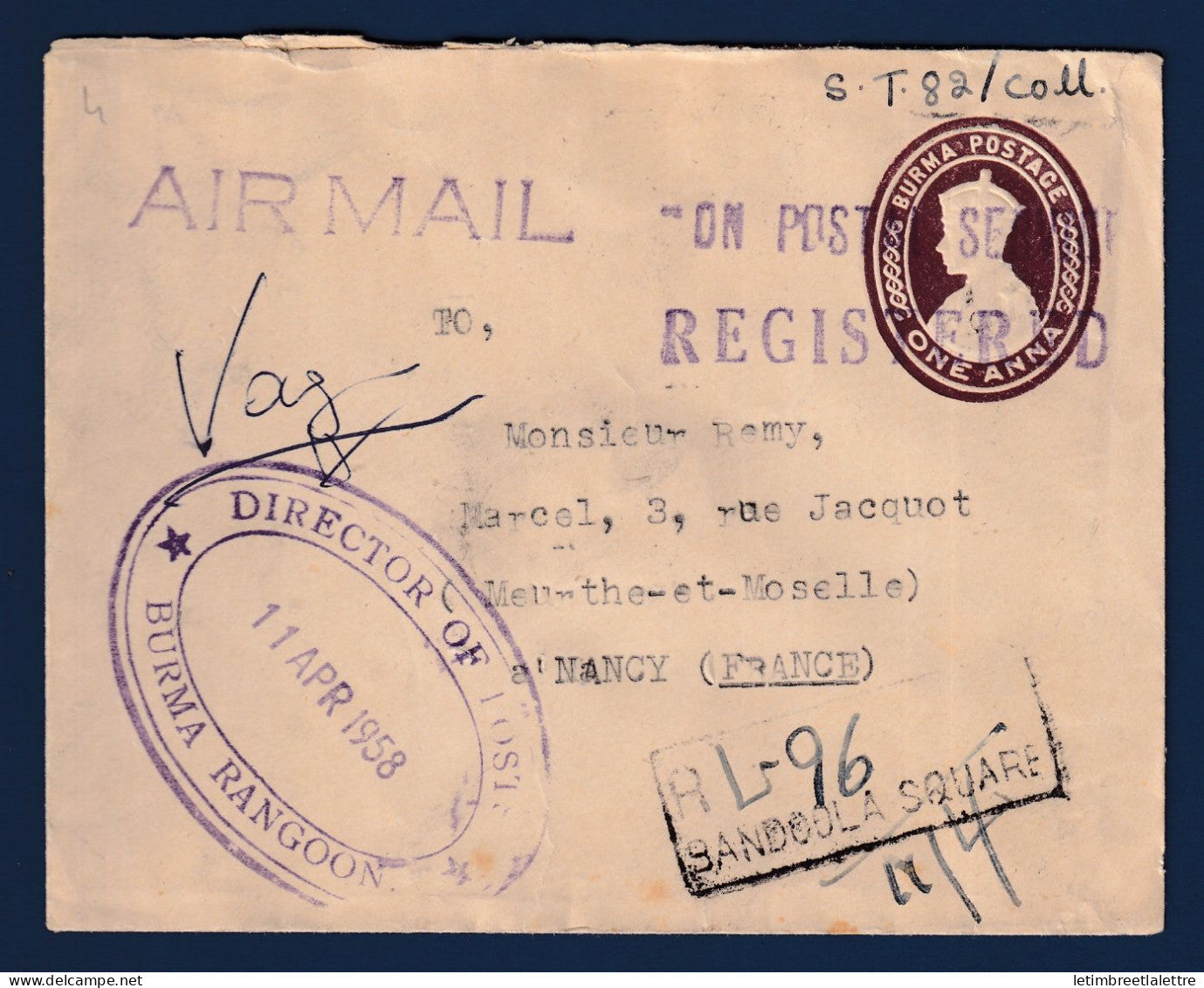 Birmanie Burma - entiers postaux - entier postal en recommandé par avion pour Nancy ( France ) en Avril 1958