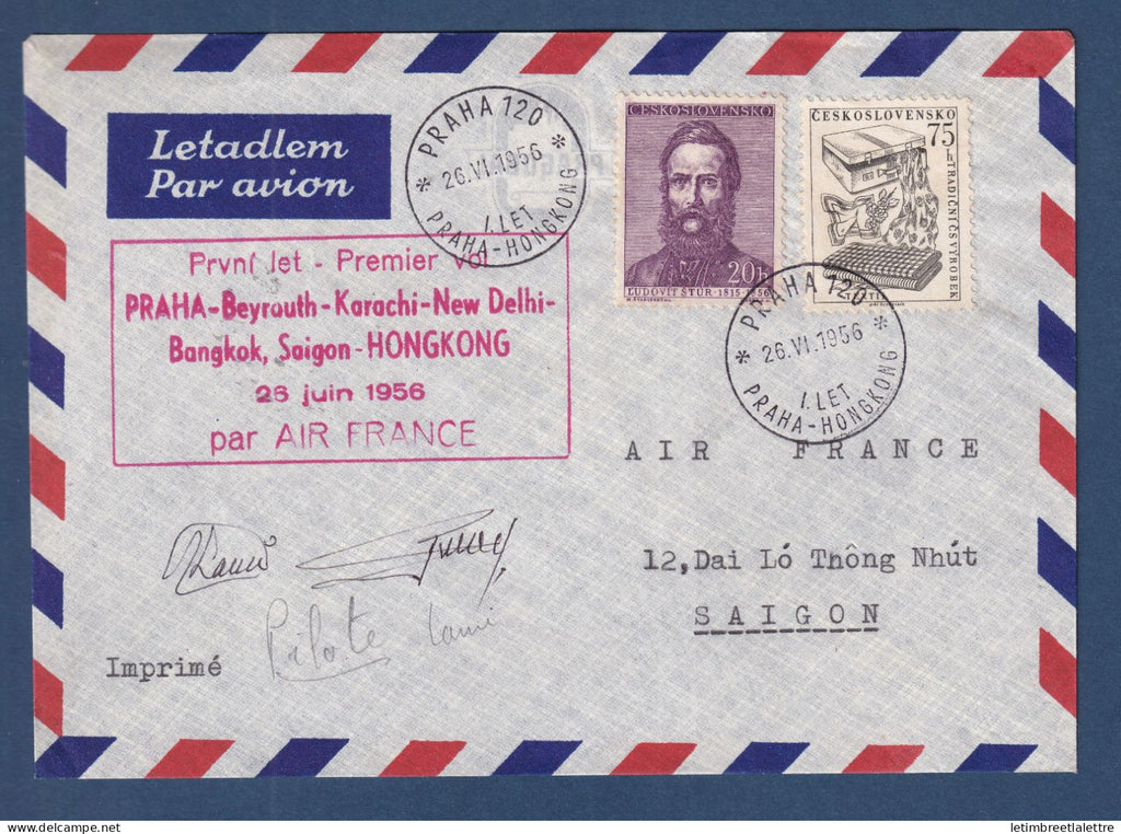 Tchécoslovaquie - Premier vol Praha Beyrouth Karachi ... Saigon Hongkong - Signé du pilote - 1956