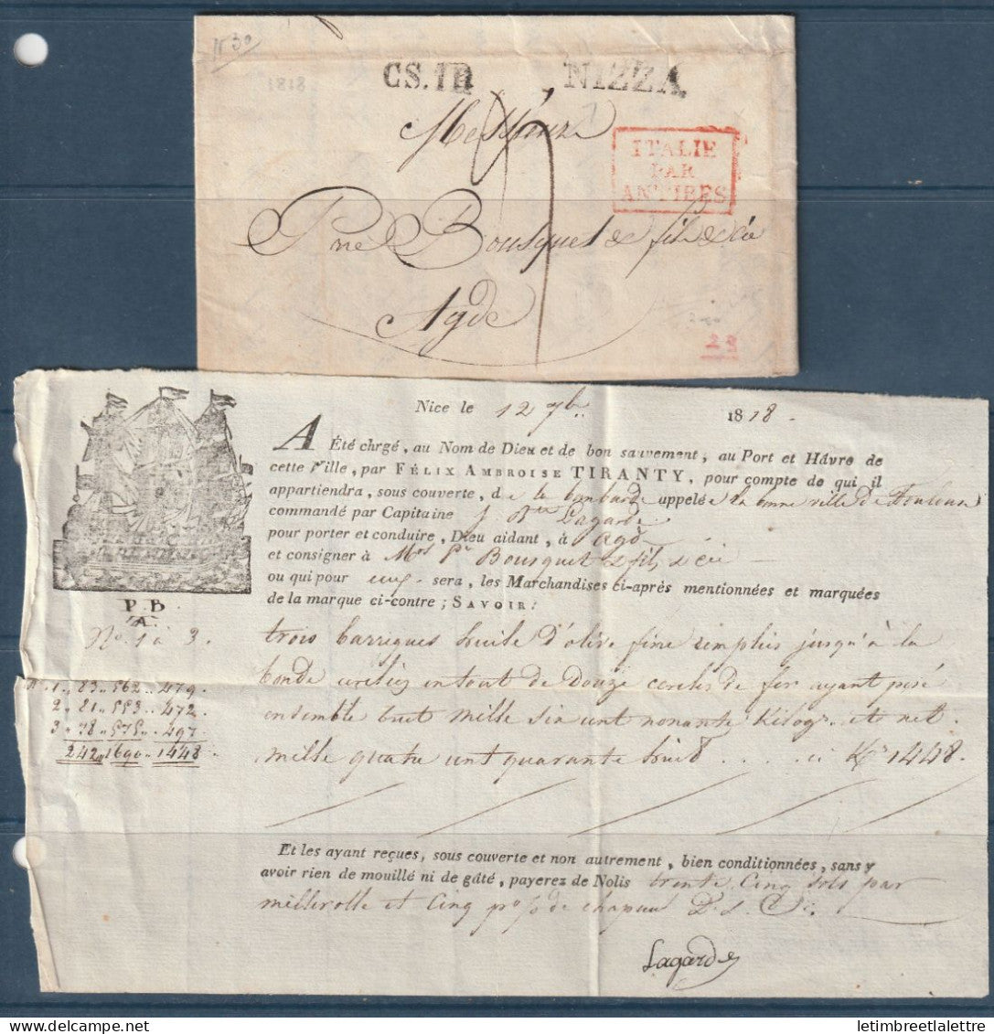 Nice Sarde en 1818 avec cachet d'entrée pour Agde - cette lettre contient son document - Huile d'olive