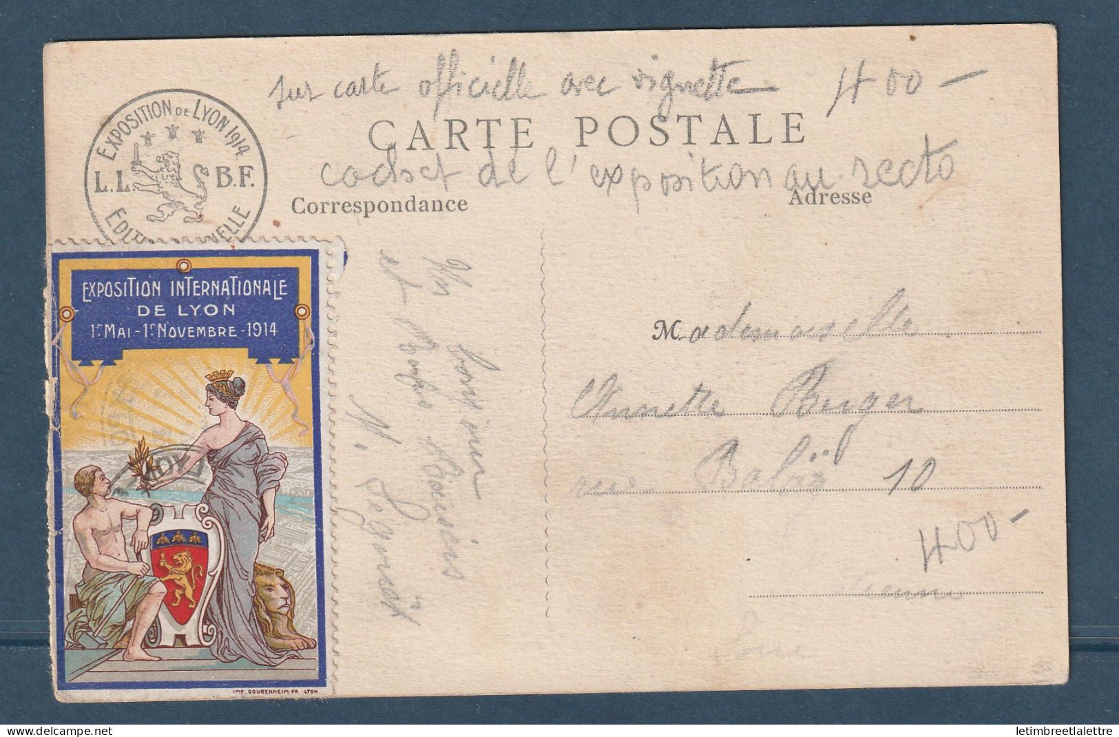 France - Carte postale - flamme et avec vignette concordante - Exposition de Lyon 1914