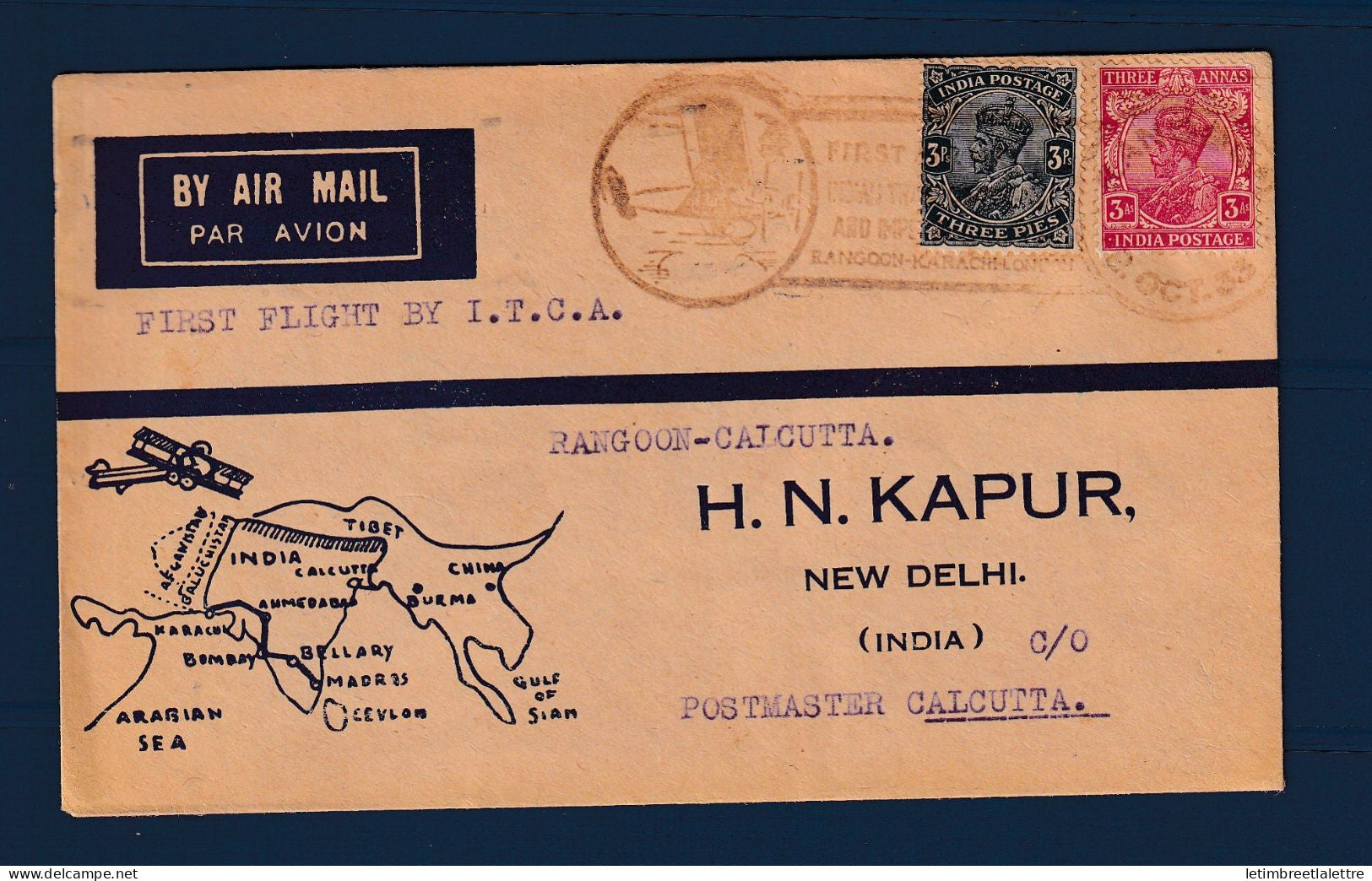 Birmanie Burma - Poste aérienne - enveloppe décorée - premier vol I.T.C.A. Akyab Calcutta ( Inde ) - 1933