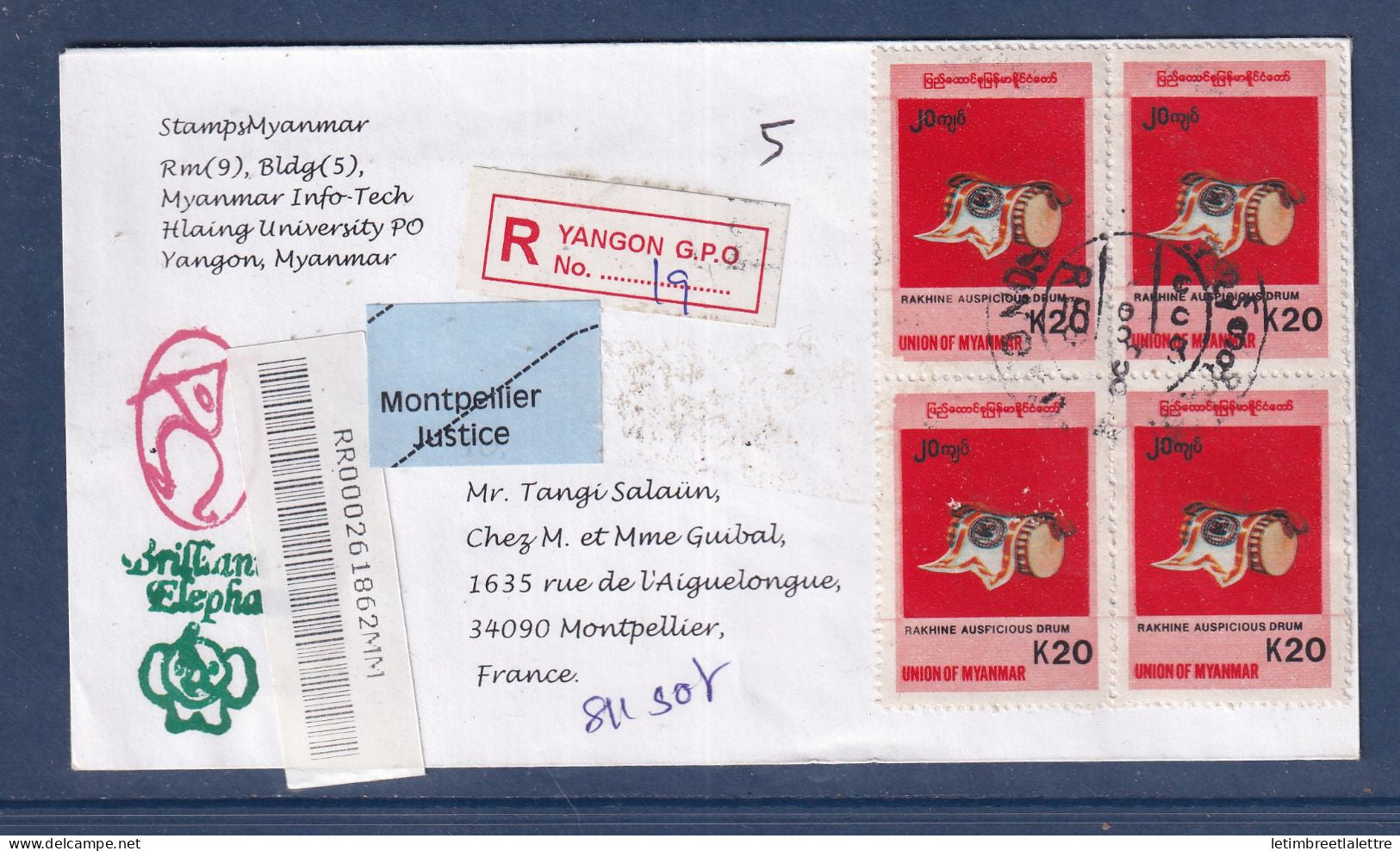 Myanmar - Birmanie - Burma - YT n° 253 oblitéré sur lettre en recommandé - 2010