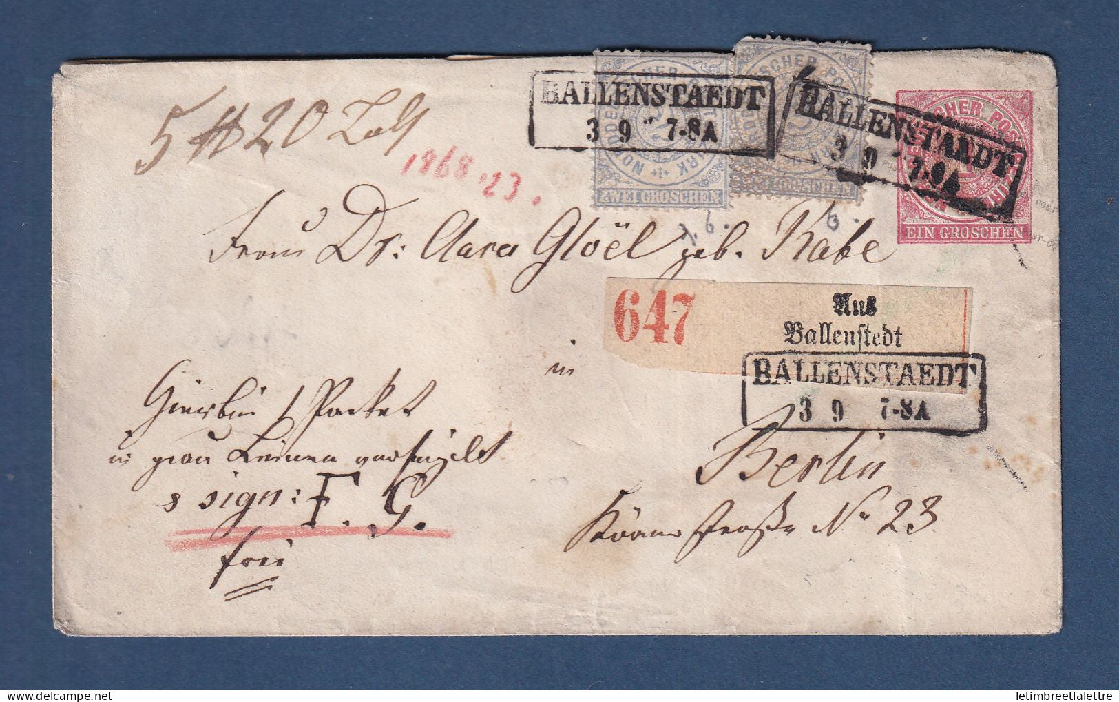 Confédération de l'Allemagne du Nord - YT n ° 5 sur entier postal recommandé de Ballenstedt - 1866