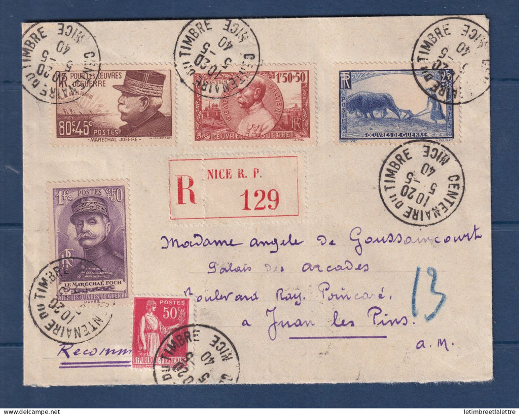 France - YT n° 454 à 457 oblitéré Centenaire du timbre à Nice en recommandé - 1940