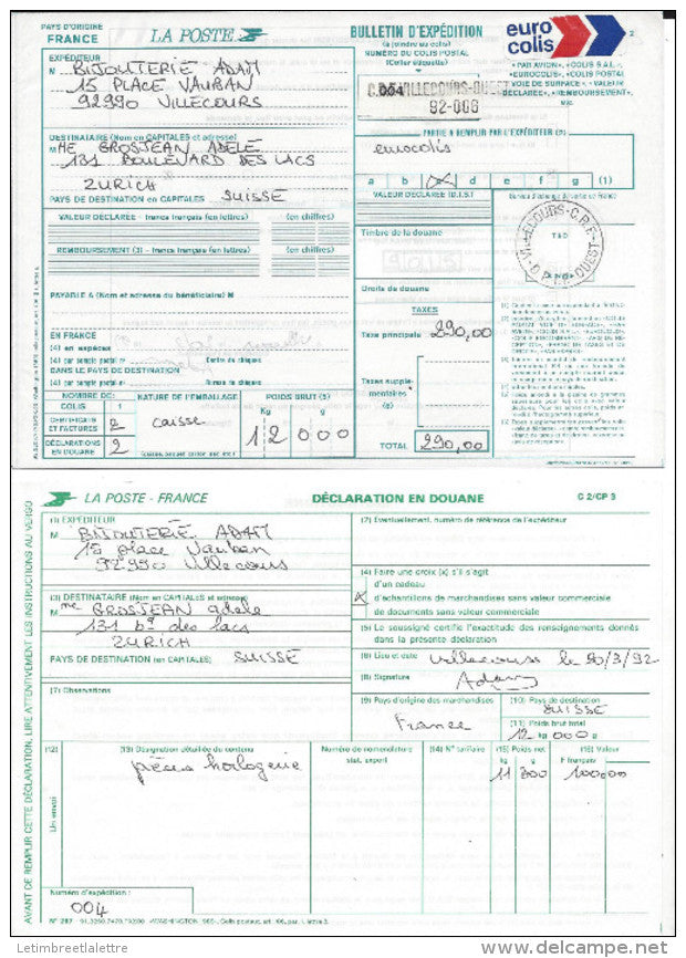 Envoi caisse bijoutier par Euro Colis pour la Suisse, centre de Villecours par aérien sans date et sans timbres avec..