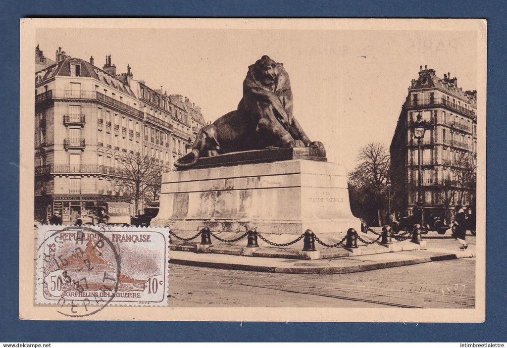 France - carte maximum - YT n° 230 - Orphelins sur carte postale - Le lion de Belfort - 1936