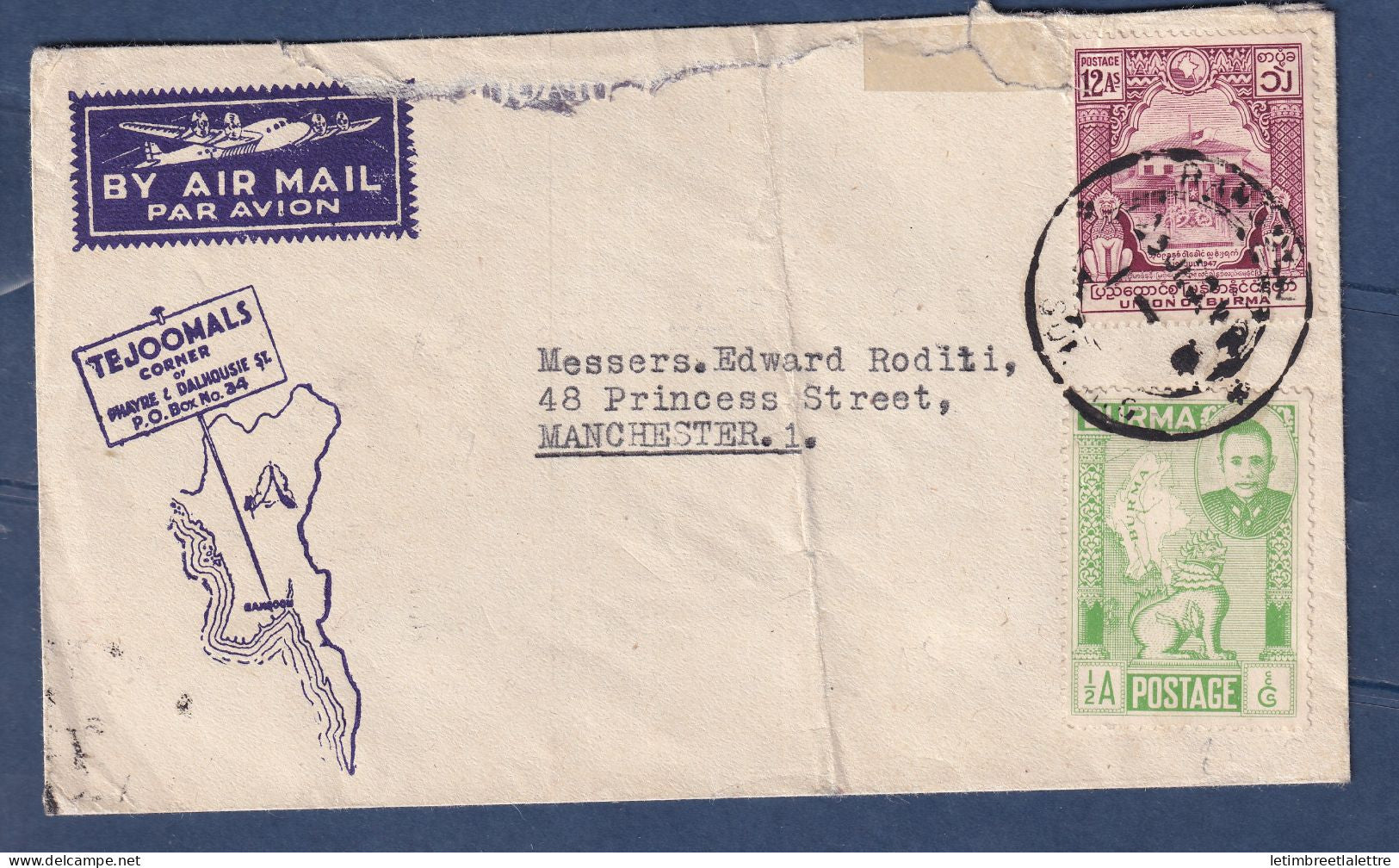 Myanmar - Birmanie - Burma - Enveloppe par avion pour Manchester - Tejoomals Corner - 1948