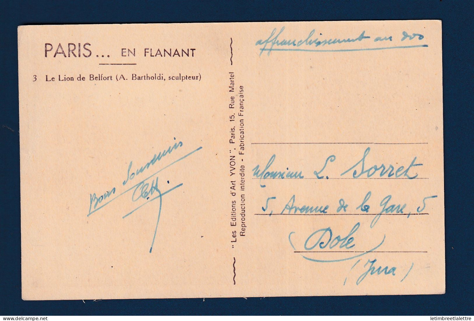 France - carte maximum - YT n° 230 - Orphelins sur carte postale - Le lion de Belfort - 1936