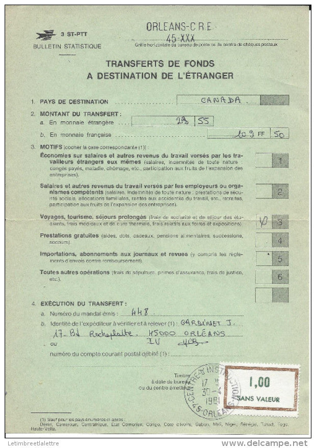 Bulletin statistique pour transfert de fond à l'étranger centre d'Orléans 30/4/81 ( calcul de l'enlévement au dos )