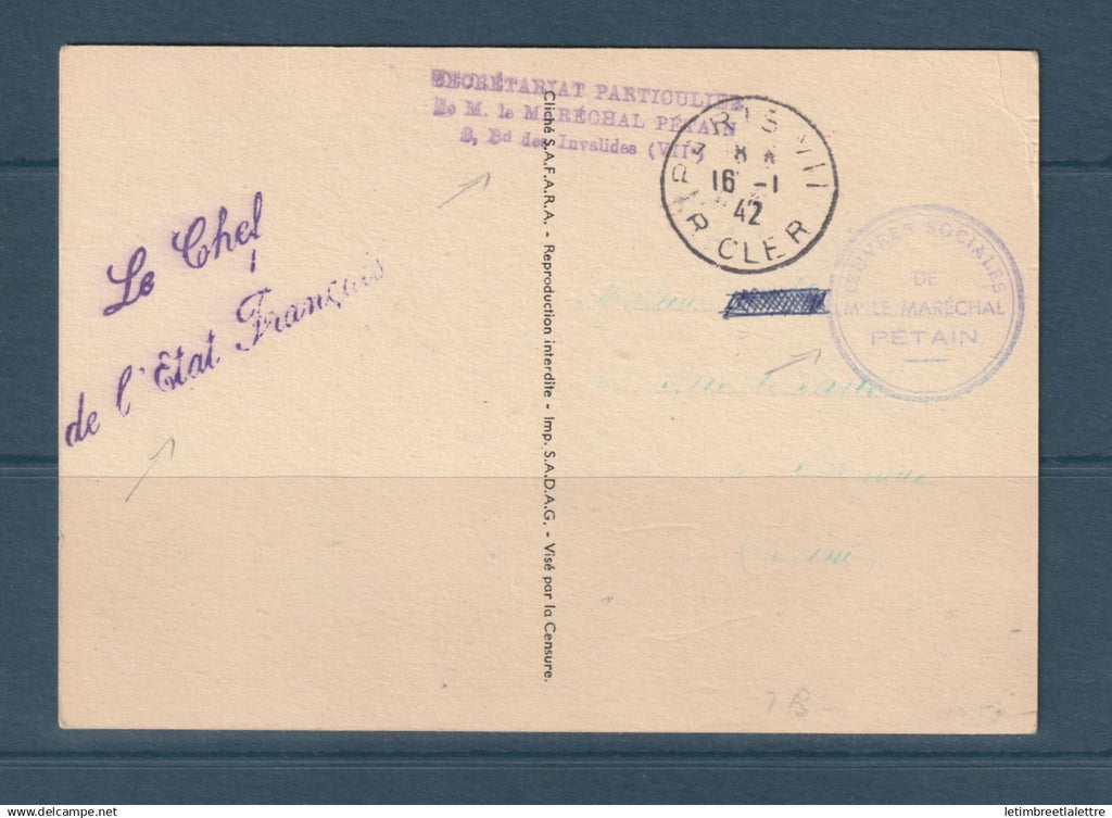 France - Carte postale - Franchise militaire chef de l'état Français - secrétariat particulier du Maréchal Pétain - 1942