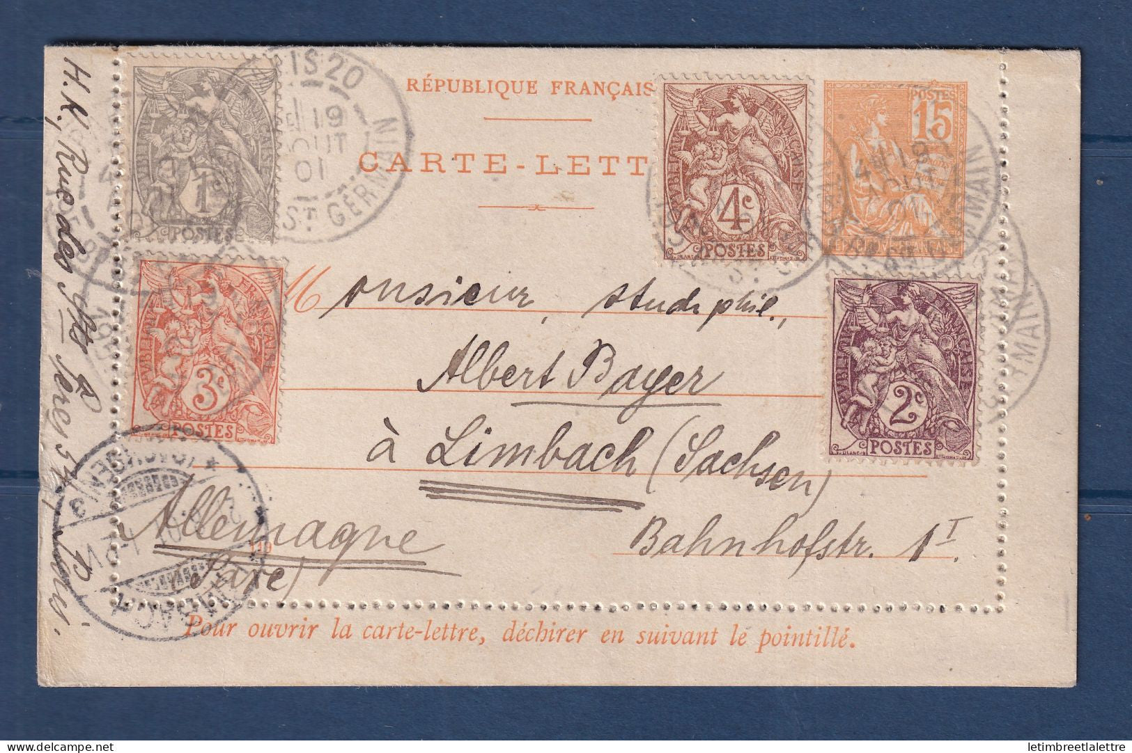 France - entier postal - pour l'Allemagne ( Limbach ) avec complément d'affranchissement en Type blanc - 1901