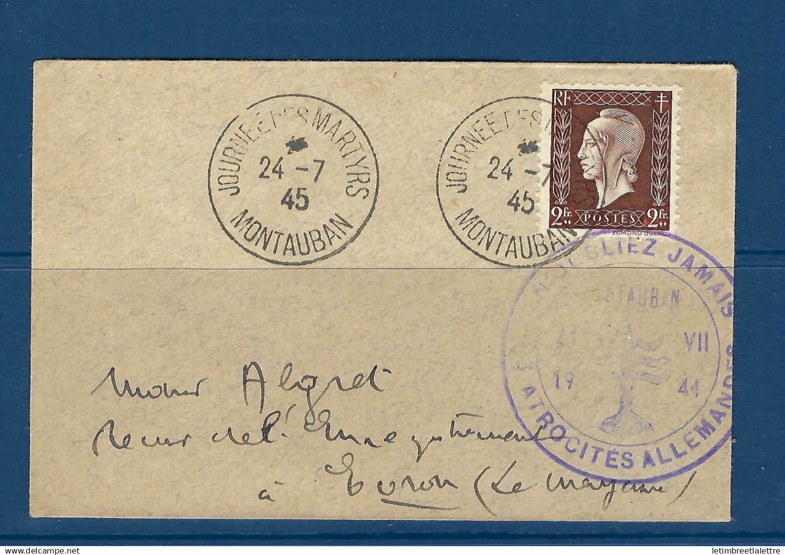France - YT n° 692 seul sur lettre - Journée des Martyrs - 1945