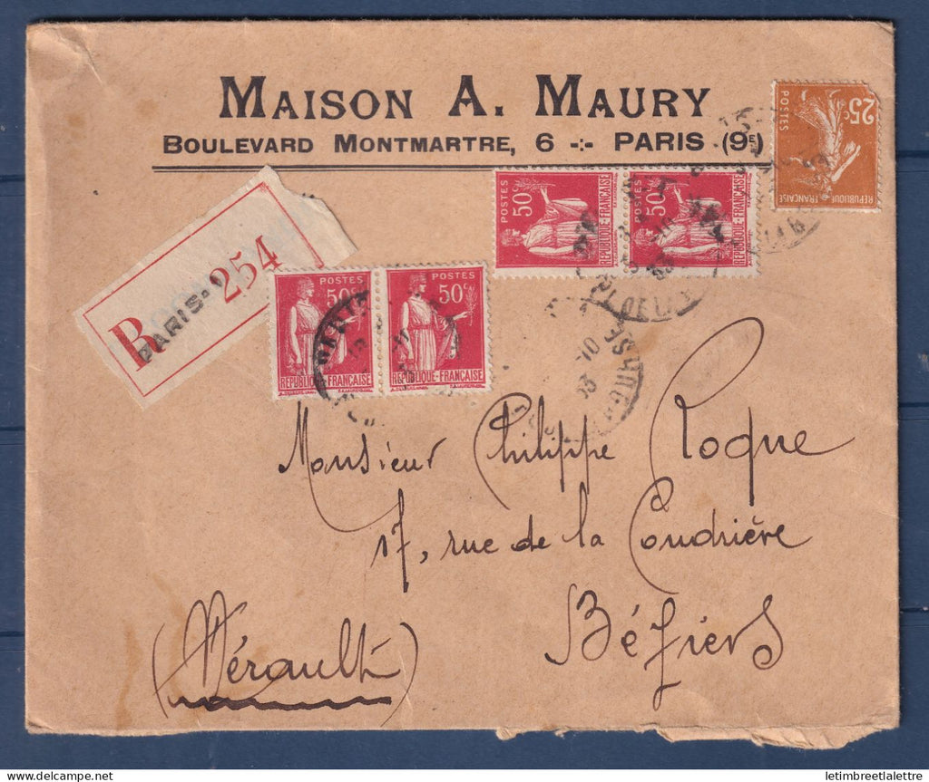 France - Enveloppe à entête A. Maury - recommandé pour Béziers ( Hérault ) - 1933