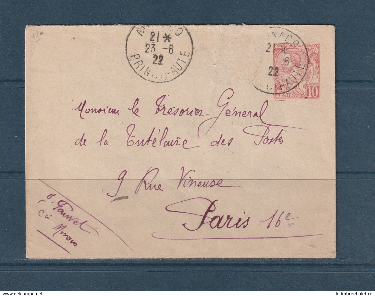 ⭐ Monaco - entier postal - circulé pour la France - 1922 ⭐
