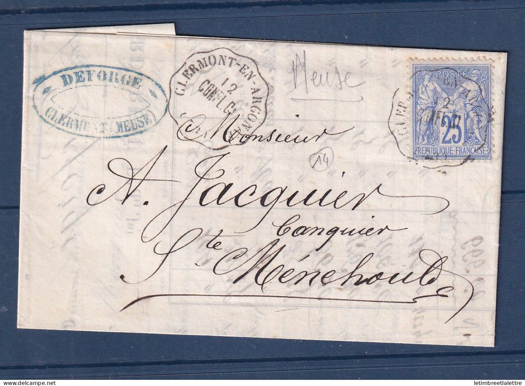 France - Type Sage - YT n° 78 - Convoyeur station - Meuse - Clermont en Argonne en 1877