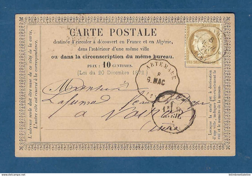 France - Carte précurseur - Convoyeur station Artemare ( Ain 01 ) Genève à Macon - 1876