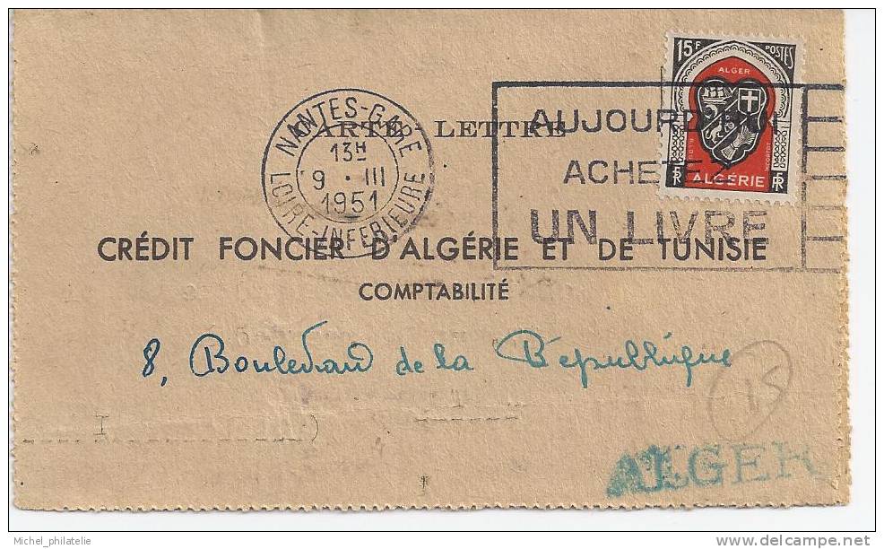 Timbre d'Algérie oblitéré hors Algérie, Nantes gare 1951
